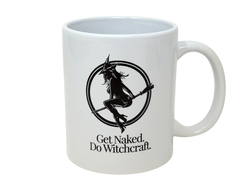 white coffee mug with Witch Baby logo that says Get Naked. Do Witchcraft.