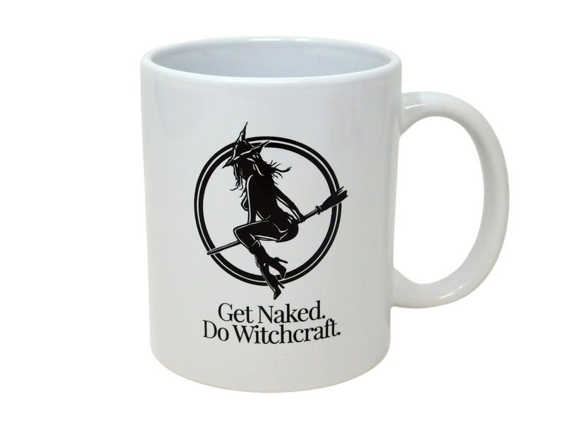 white coffee mug with Witch Baby logo that says Get Naked. Do Witchcraft.