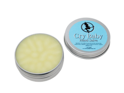 2 oz aluminum tin of Cry Baby hand salve with pastel blue circular label