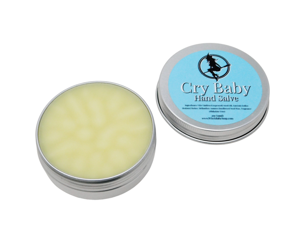 2 oz aluminum tin of Cry Baby hand salve with pastel blue circular label