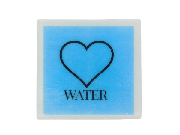 square soap with blue background and a heart with text under it that says WATER