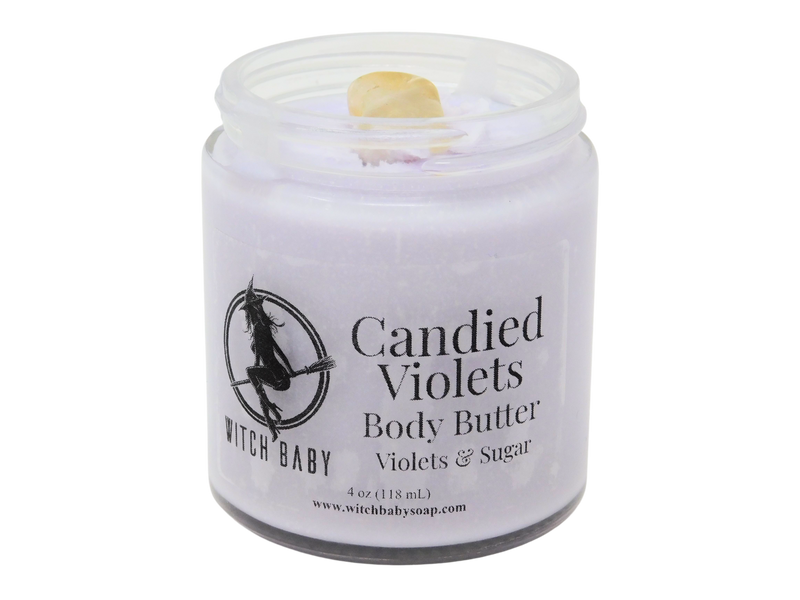pale violet colored body butter topped with citrine in a 4 oz glass jar with clear label that reads: Candied Violets Body Butter. Violets & Sugar.  
