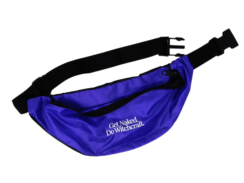 Photo of a royal purple fanny pack with adjustable black straps and plastic clips that reads "Get Naked. Do Witchcraft'"