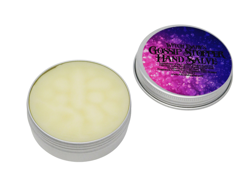 white hand salve in circular aluminum tin  with a purple and pink label that reads Gossip Stopper Hand Salve and ingredients
