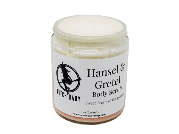 Half white and half pink thick buttery textured body scrub pictured in 8 oz (236 mL) glass jar. White label reads: Hansel & Gretel Body Scrub. Sweet Treats & Temptation. 