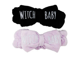 Picture of both black and lavender colored Witch Baby plush headbands.