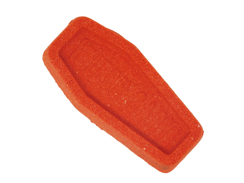 side view of red coffin bath bomb