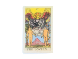 Rectangle shaped white soap with the lovers tarot card picture on top. 