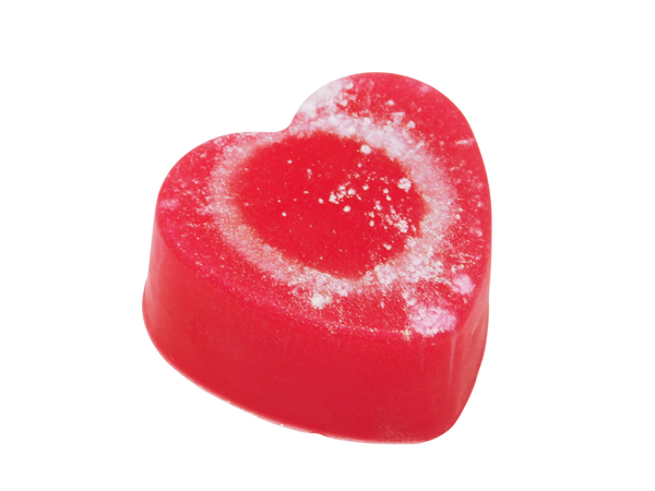 side view of lucy purrr soap hot pink heart soap with gold tinted mica exploding from the center