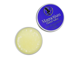 photo of magnetism hand salve packaged in a 2 oz aluminum tin with a purple label that reads Magnetism Hand Salve with the ingredients listed below.