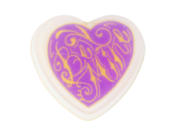heart shaped soap with illustration  of purple heart with yellow tattoo style  script that says be mine
