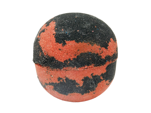 red and black sphere shaped bath bomb 