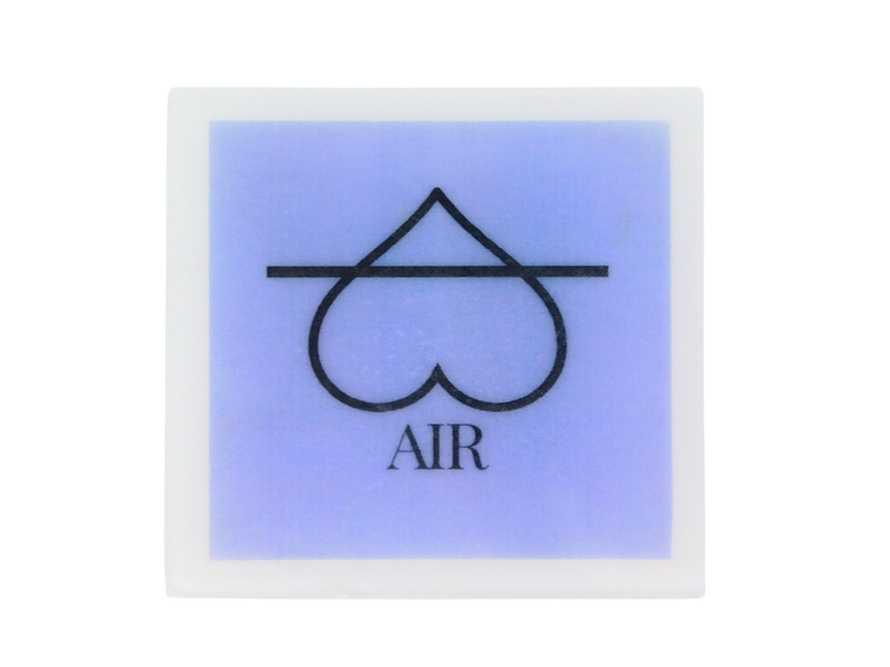 square soap with periwinkle background and the elemental symbol for air with a heart instead of a triangle and the words AIR written beneath it
