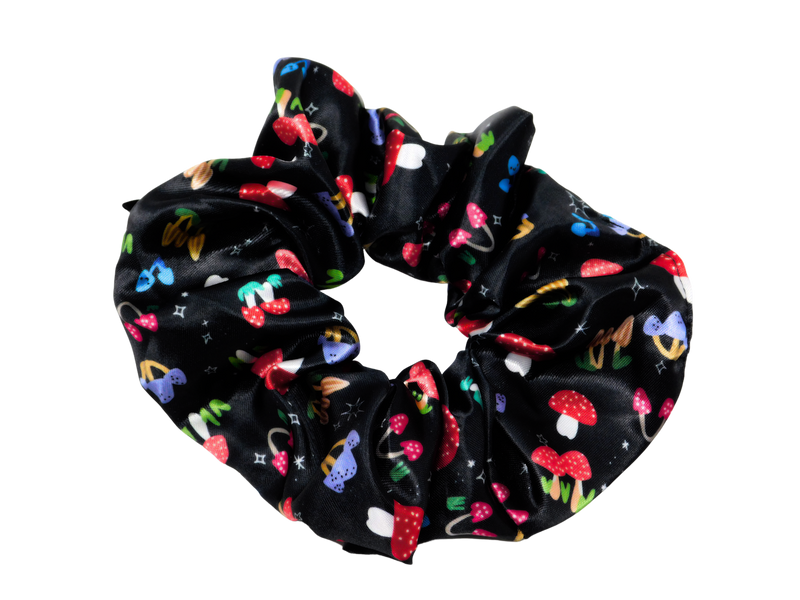 Black hair tie with various mushroom designs in varying colors