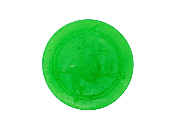 lime green circle soap with witch baby emblem