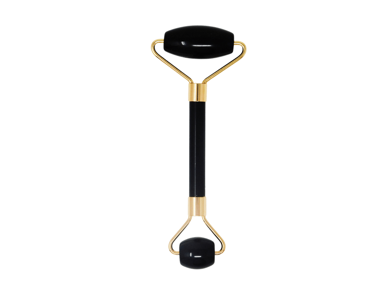 Black handle with gold outlines. Rectangular onyx roller and smaller rectangular onyx roller. 