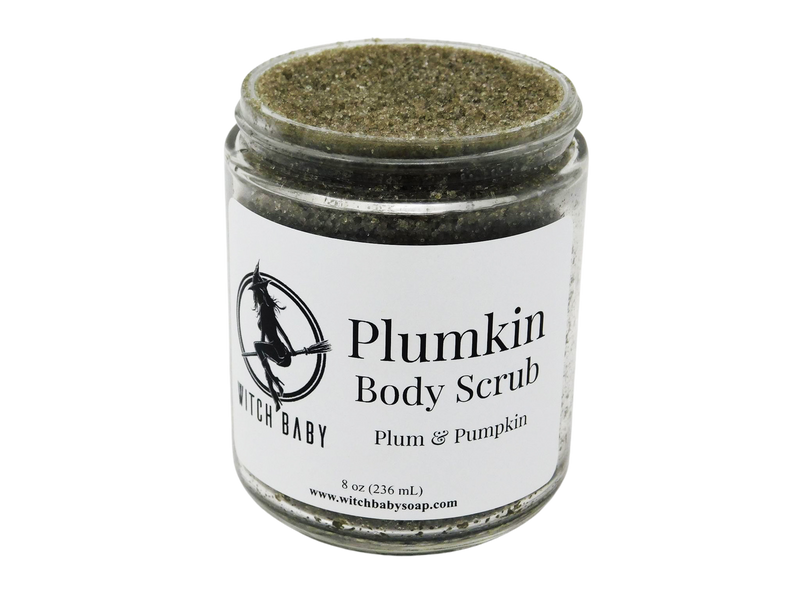 dark gray sugar scrub in 8 oz glass jar with a label that reads Plumkin Body Scrub. Plum & Pumpkin. 