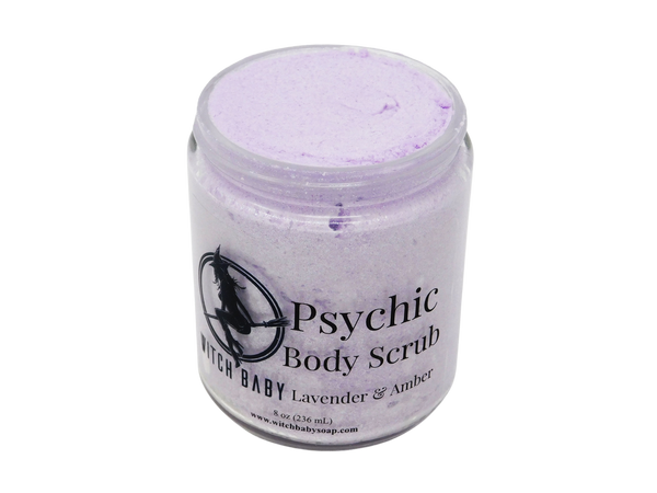 purple glitter scrub in an 8 oz jar. Label says psychic body scrub lavender and amber 