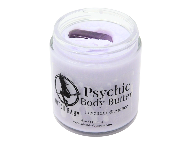 purple body butter in glass jar topped with amethyst crystal with a label that reads: Psychic Body Butter. Lavender - Amber - Vanilla.
