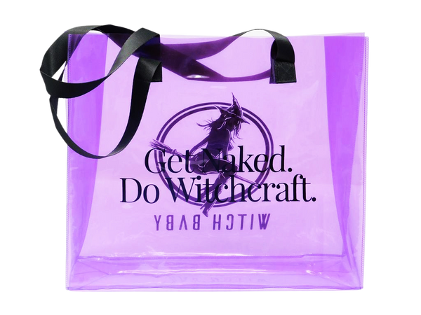 "get naked. do witchcraft." on one side of purple translucent tote bag with black handles