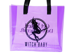 witch baby logo on one side of purple translucent tote bag with black handles