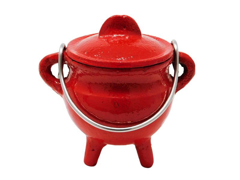 small red cast iron cauldron