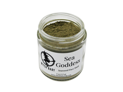 4 oz glass jar containing green face mask. Label says sea goddess seaweed face mask 