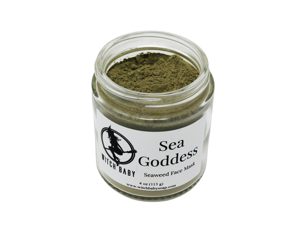 4 oz glass jar containing green face mask. Label says sea goddess seaweed face mask 