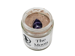 purple face mask in a 4 oz glass jar with amethyst tear drop on top 