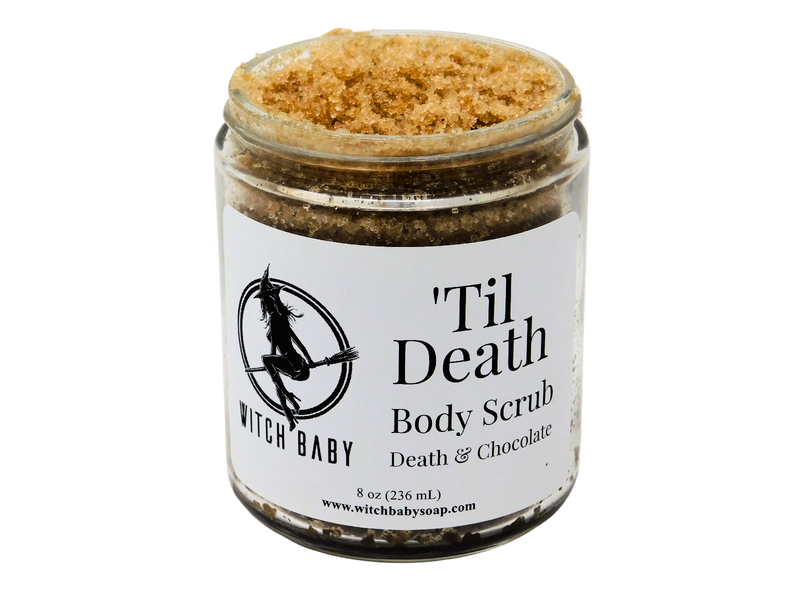 'Til Death packaged in an 8 oz glass jar with a white label that reads: 'Til Death Body Scrub. Death & Chocolate. 