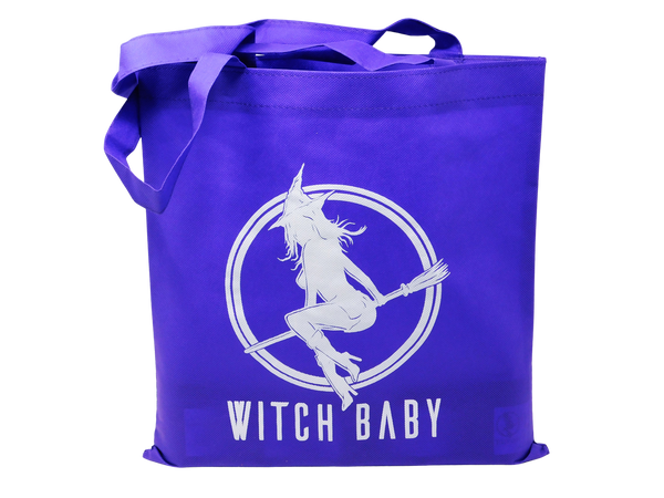 14" x 13 1/4" purple tote bag with Witch Baby logo.
