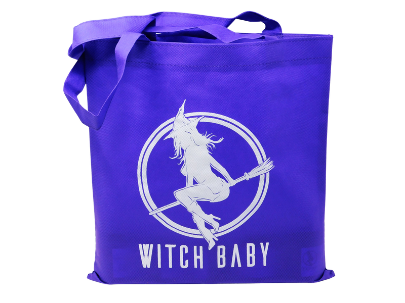 14" x 13 1/4" purple tote bag with Witch Baby logo.