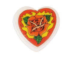 heat shaped soap with embedded image of a a tattoo style illustration of a red rose on fire inside a red heart