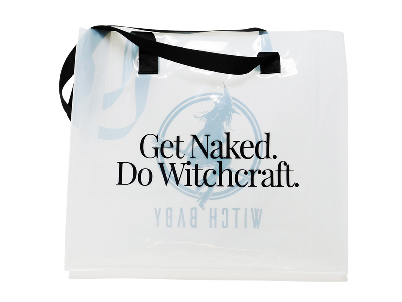 "get naked. do witchcraft." on one side of white translucent tote bag with black handles