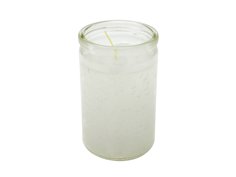 white candle in glass jar