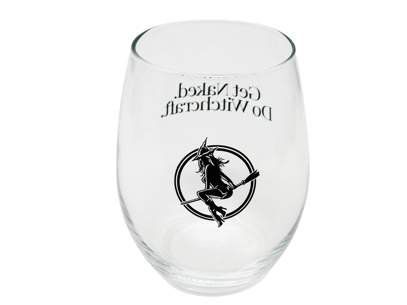 Wine glass with Witch Baby logo on front.