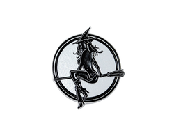 white enamel pin with witch baby logo 